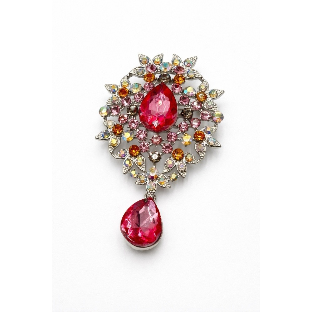 Vintage Style Rhinestone Brooch Pendant Pink Teardrop AB Crystal Floral